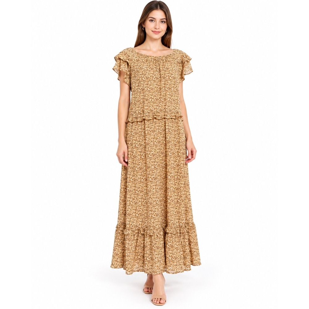 Universal Thread Maxi Dress Womens XL Yellow Floral Flutter Sleeve Rayon Boho